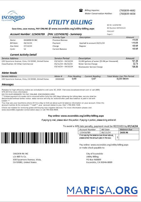 Realistic USA California Escondido City of Choice business utility bill template in Word and PDF formats